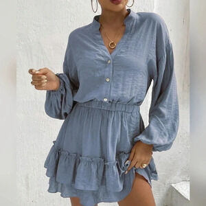 Women's Notched V-Neck Lantern Sleeve Dress With Ruffle Hem